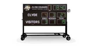 AusSport Essential AFL scoreboard on a trolley for Clyde Cougars