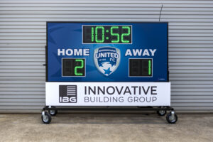 Detachable advertising panels on a portable AusSport soccer scoreboard